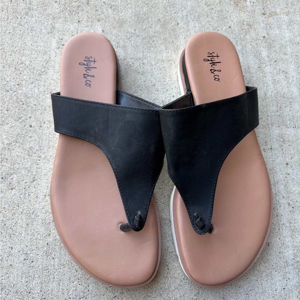 Style & Co. Black and Tan Sandals Minimalist Thong Design